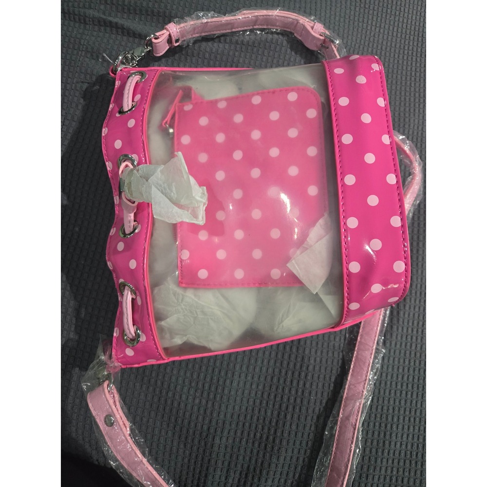 SCORE! Pink Polka Dot Clear Stadium Crossbody Bucket Bag + Pouch NWT